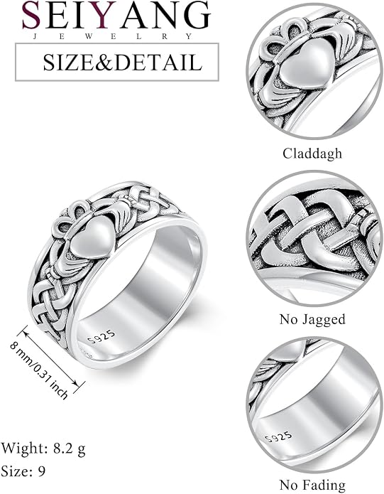 Seiyang Claddagh Ring 925 Sterling Silver Celtic Ring Jewelry Irish Band Gift for Men Women (with Gift Box)