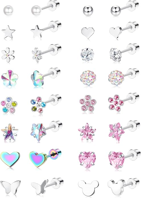 CASSIECA 16 Pairs Hypoallergenic Screw Back Earrings for Women Girls 316L Stainless Steel CZ Ball Heart Flower Screwback Flat Back Stud Earrings Jewelry Gift Women Multicolored Pink