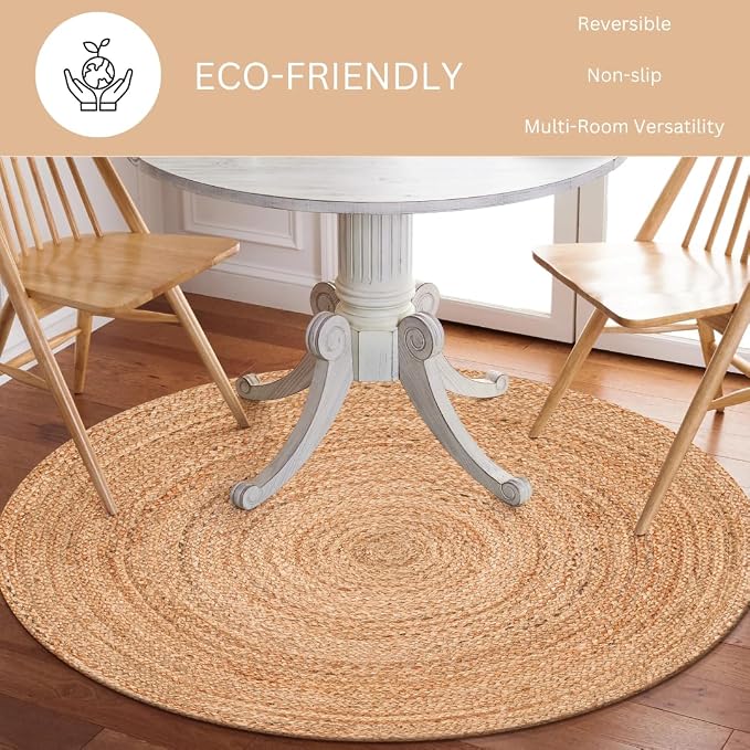 Handcrafted Jute Braided Rug 8 Feet Round - 100% Natural Jute Area Rug - Rustic Farmhouse Boho Accent Rug for Living Room Bedroom Kitchen Entryway Reversible Handwoven Floor Rug