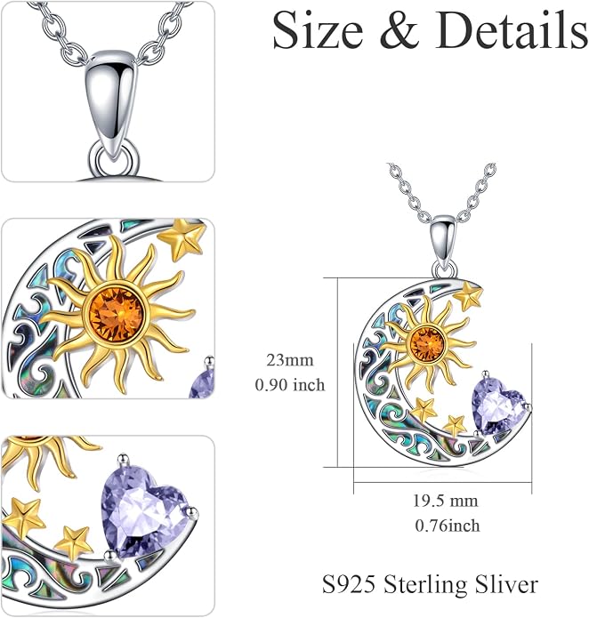 AOBOCO 925 Sterling Silver Sun and Moon Star Pendant Necklace with Simulated Birthstone, Birthday Christmas Jewelry Gift for Women Teen Girls