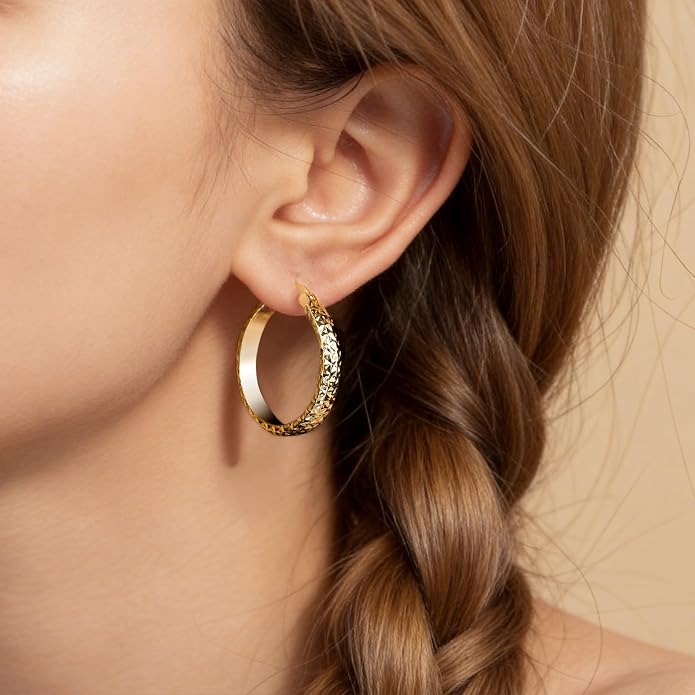 14K Yellow Gold Hoop Earrings for Women 4.4mm*25mm Trendy Diamond Cut Textured Hinged Hoops with Unique Faceted Pattern, Hypoallergenic Chunky Jewelry Gift