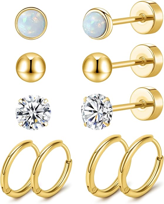 MJust Titanium Earrings for Sensitive Ears 20G Hypoallergenic Stud Hoop Earrings for Women Men Opal Ball CZ Heart Pearl Flat Back Earrings Cartilage Earrings Set