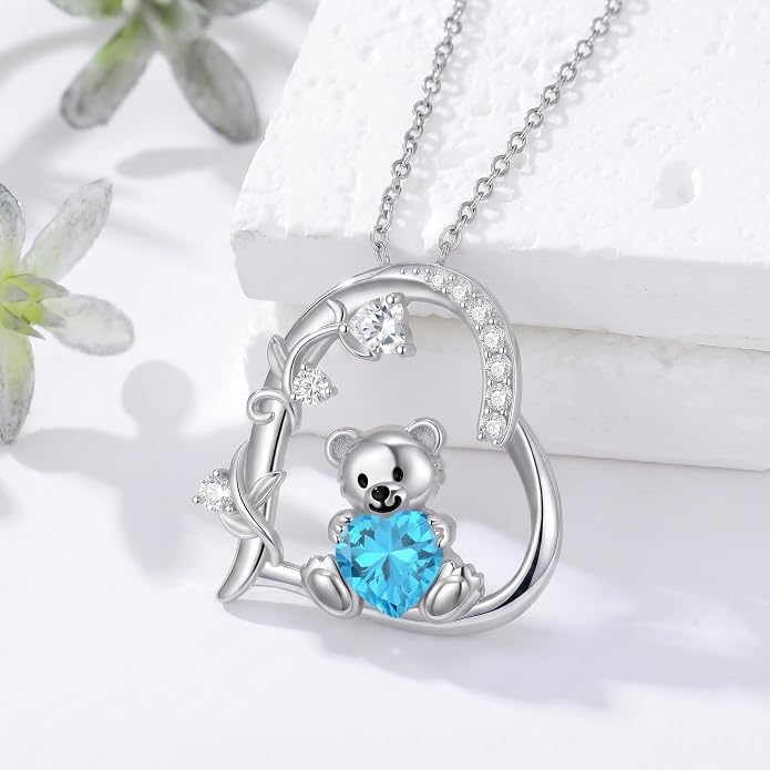 PELOVNY Teddy Bear Necklace for Women 925 Sterling Silver Bear/Highland Cow/Fox/Cat/Axolotl Birthstone Necklace Christmas Birthday Jewelry Gifts for Mom Daughter Wife Sister