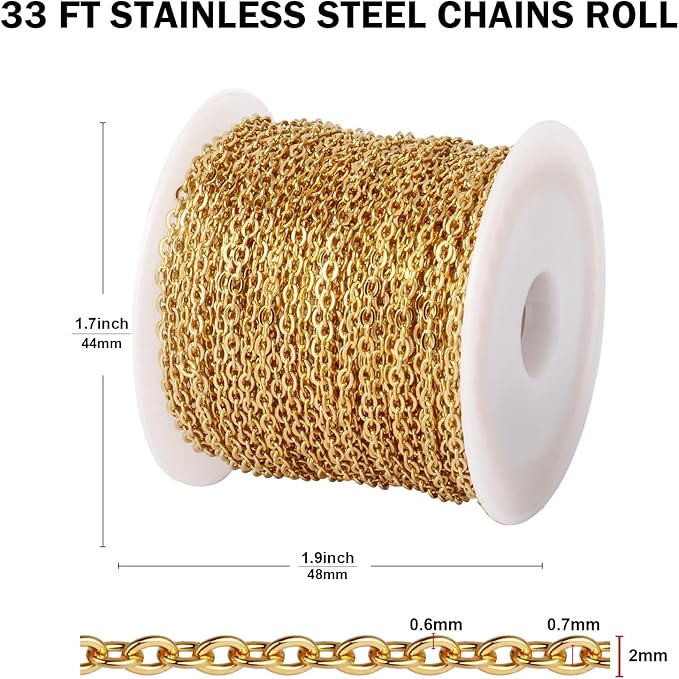 [33 FT] 18K Gold PVD Plated Cable Chains Bulk for Jewelry Making, 2mm 304 Stainless Steel Flat Cable Link Chains Roll Spool for Jewelry Making DIY Craft