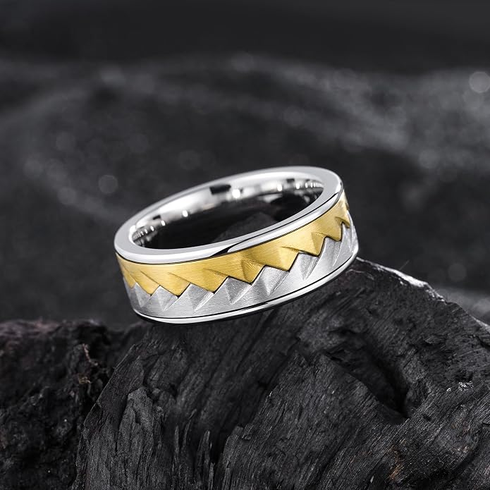 King Will 316L Stainless Steel Men's Wedding Band – 6/8 mm Dual-Tone Wedding Ring Polished Finish with Gold/Black Steel Plating, Fashionable and Durable Stainless Steel Men's Ring Size 7-14