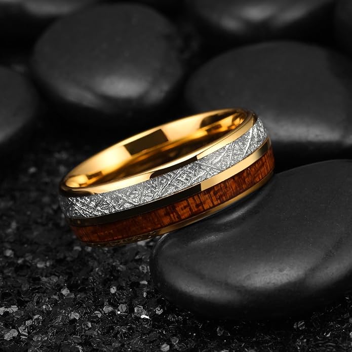 King Will Tungsten Rings for Men Meteorite Carbon Fiber Wood Inlay Mens Wedding Engagement Band Domed Polished