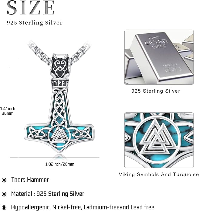 Thor's Hammer Talisman Necklace - S925 Sterling Silver Viking Amulet Pendant - Norse Compass/Odin Celtic Pagan Symbol Jewelry Gifts for Men Women