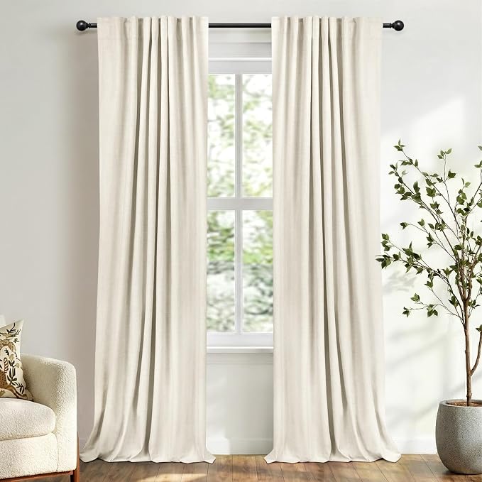100% Blackout Shield Linen Blackout Curtains for Bedroom 102 Inches Long, Back Tab/Rod Pocket Living Room Drapes, Thermal Insulated Blackout Curtains 2 Panels Set, 50" W x 102" L, Beige White