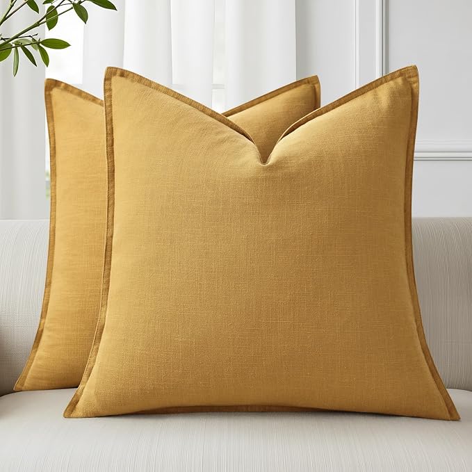 decorUhome Fall Mustard Yellow Linen Throw Pillow Covers 16x16 Set of 2 | Decorative Soft Cozy Modern Farmhouse Boho Accent Pillow Cases with Flange Edges for Couch Bed Sofa Living Room Home Decor