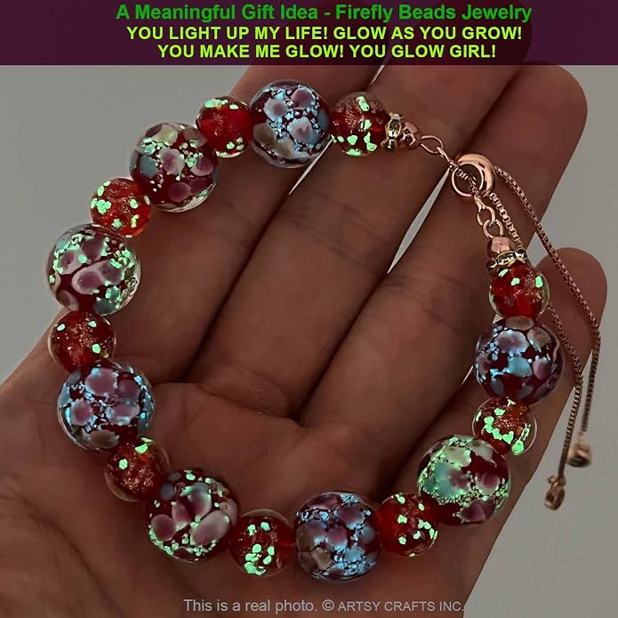 ARTSY Crafts Lily Garden Glow in the Dark Firefly Bead Bracelets Necklaces, Handmade in USA Murano Glass Jewelry, Flower Luminous Beads Mermaid Crystal Bracelet Bangle