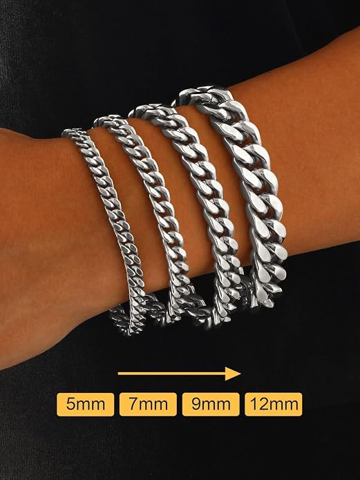 U7 Cuban Link Bracelets for Men Stainless Steel Wrist Bracelet Silver Black Gold Cuban Hand Chain Bracelet for Mens Women, 5/7/9/12mm Width, 7.5/8.3/9 Inch Length Classic Jewelry with Box Packed