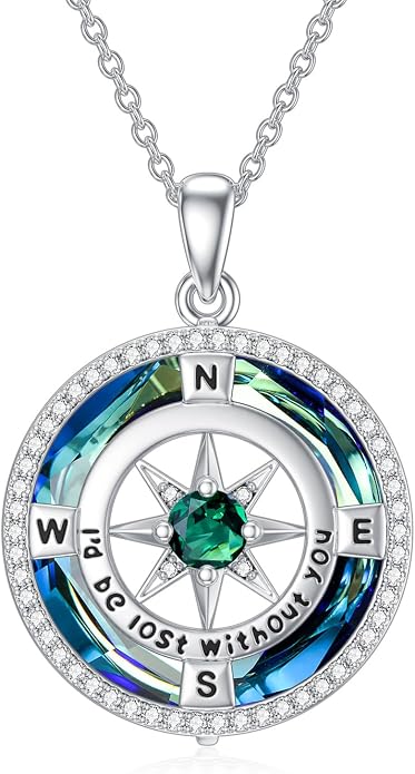 TOUPOP Necklace Gifts for Wife Compass Jewelry Women Anniversary Girlfriend Birthday Gift for Her Valentines I'd be Lost without You Sterling Silver Birthstone Necklaces