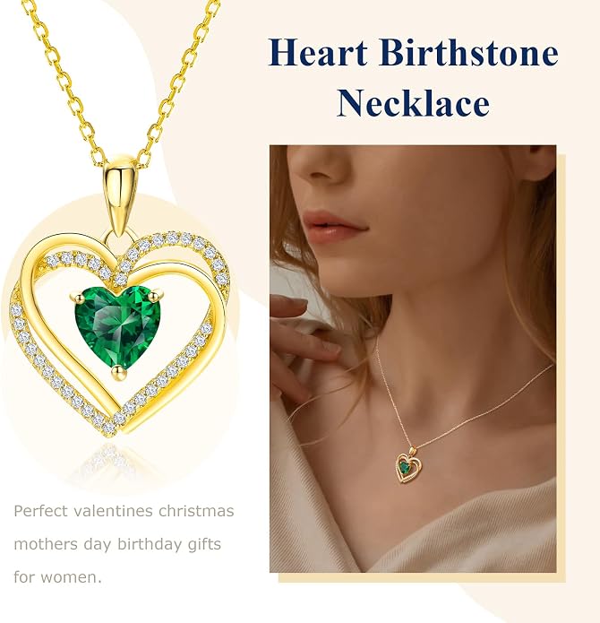 Anniversary Charm Necklace, Sterling Silver 14K Gold Plated Chain with Interlocking Heart Pendant Elegant Birthstone Necklaces for Women, Length 18"