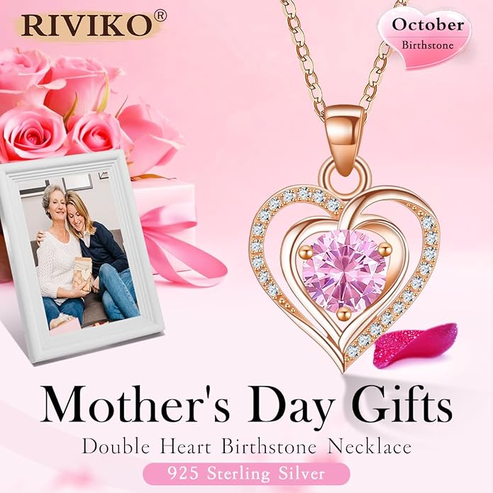 RIVIKO Heart Birthstone Pendant Necklace for Women 925 Sterling Silver Zirconia Necklaces Valentine's Day Anniversary Birthday Mothers Day Jewelry Gifts For Her Mother Wife