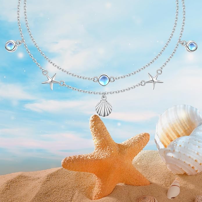 Ladytree S925 Sterling Silver Boho Beach Double Layer Anklets Bracelet for Women Adjustable 9 to 11 inches