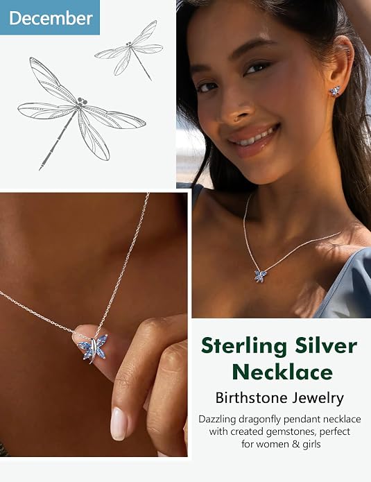 925 Sterling Silver Birthstone Necklaces for Women, Dainty Cute Dragonfly/Butterfly Pendant Necklace, Great Christmas/Anniversary Jewelry for Mother