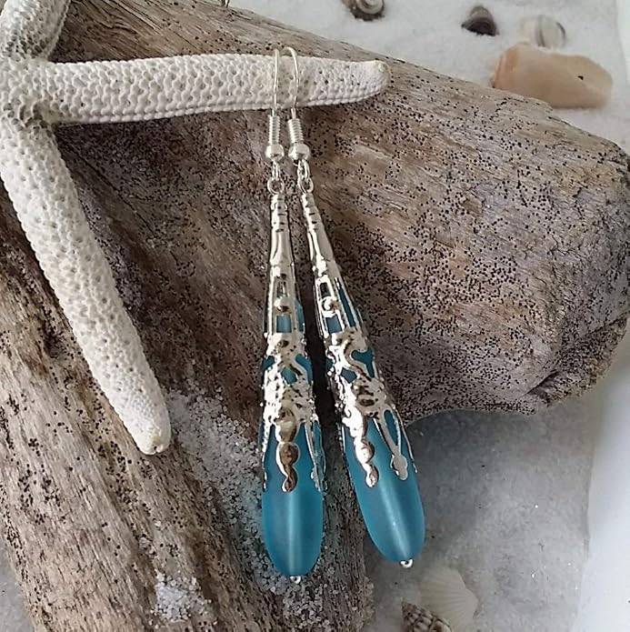 Handmade Sea Glass Earrings, Hawaiian Jewelry for Women, Long Teardrop Earrings Beach Jewelry, Sea Glass Jewelry For Women Birthday Gift For Her