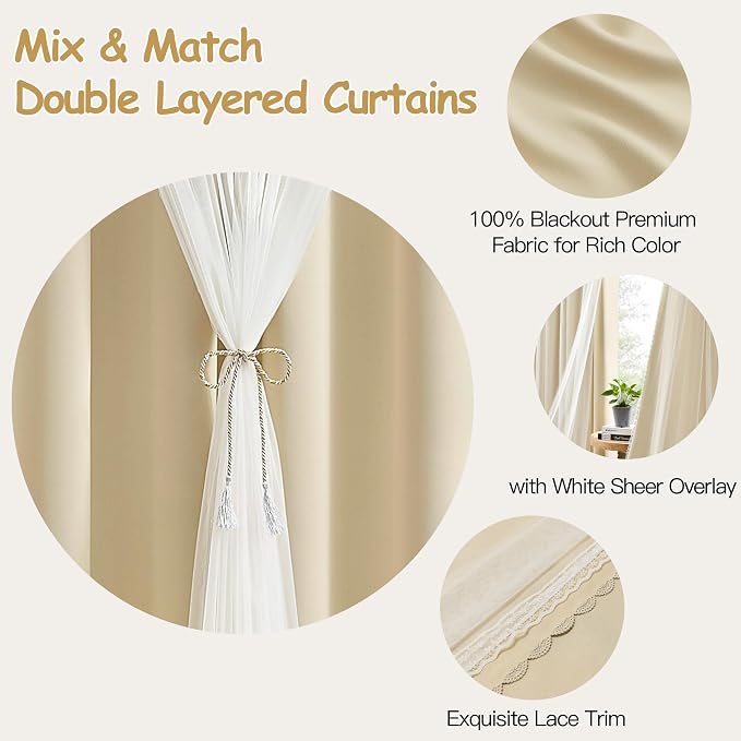 XiDi Full Blackout Beige Curtains with Sheer Overlay for Bedroom Living Room 2 Panels 96 Inches Long Double Layer Curtains for Kids Nursery Girls Light Block Room Darkening Grommet Drapes W52 x L96