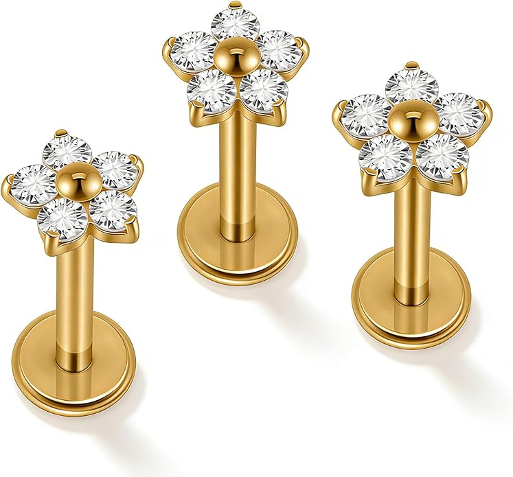 3PCS Titanium Mix Sizes Flower Zircon Lip Piercing Internal Thread Cz Small/Large Flower Labret Tragus Ear Cartilage Flat Piercing