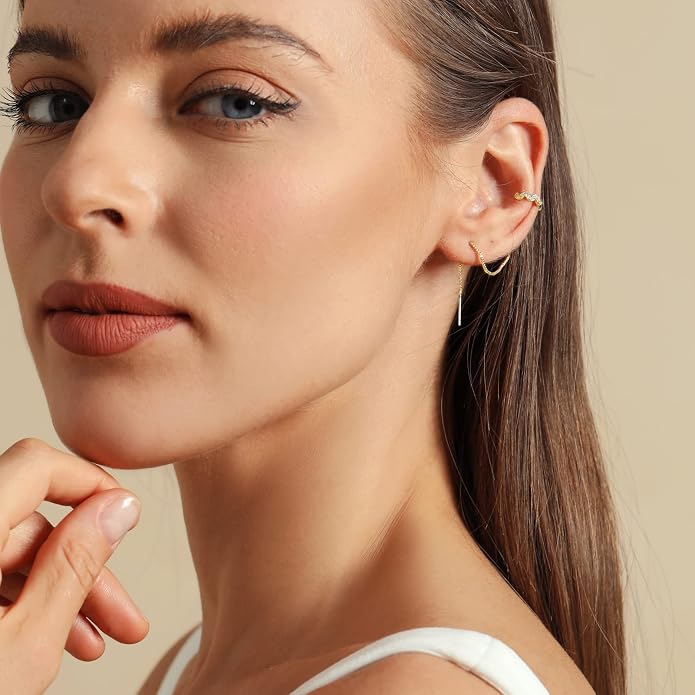 Threader Ear Cuff for Women 18K Real Gold Plated Cubic Zirconia Wrap Chain Earrings Hypoallergenic Drop Earring Crawler Climber Ear Cuffs Gift