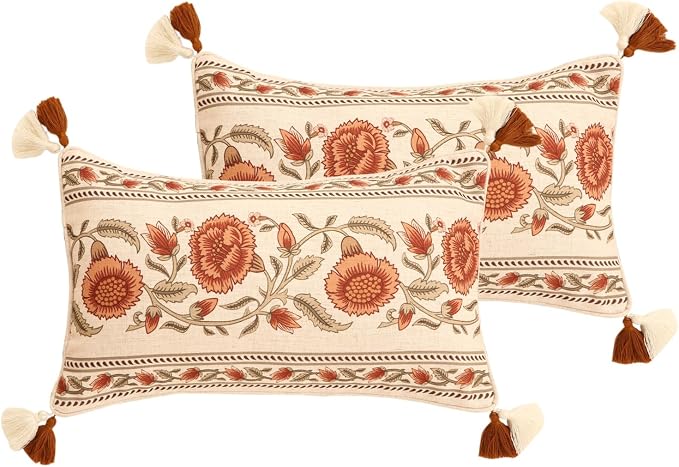 ISAENNE Designer French Linen Throw Pillow Cover,Set of 2,20"x12"-Albano C | Elegant Rectangle Pillow Cover,Concealed Zipper Design,Floral Pattern,Sofas,Bedroom,Living Room,Lounge Chairs,Decor