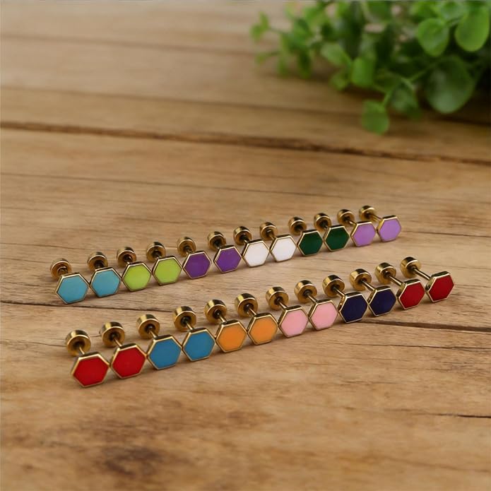 JMLOON 12 Pairs Enamel Flat Back Stud Earrings Surgical Stainless Steel Round Heart Star Square Hexagon Screw Back Stud Earrings