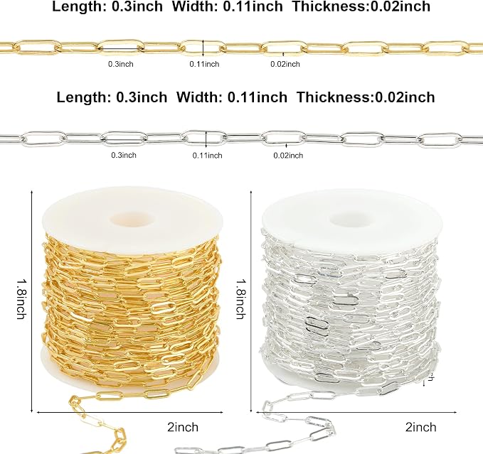 Kyutong 2 Rolls Paperclip Chain for Jewelry Making 32.8 Feet Jewelry Chain Links Silver and Gold Chains Bulk with Lobster Clasps and Jump Rings for DIY Craft Finding Jewelry Making Supplies
