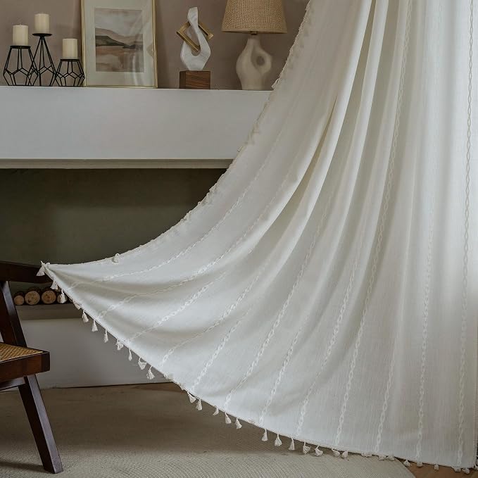 ColorBird White Boho Curtains Linen-Textured for Living Room Bedroom Embroidered Striped Light Filtering 63 Inch Farmhouse Whimsical Curtains & Drapes Window Treatment for Dining Closet