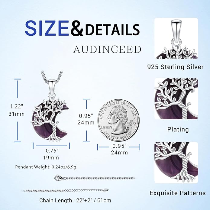 925 Sterling Silver Tree of Life Necklace, Crescent Moon Pendant with Amethyst, Moon Crystal Healing Jewelry Gift for Women