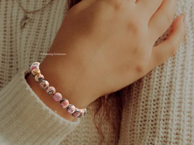 Amazing Gemstone Rhodochrosite Bracelet, Gifts for Men & Women - Protection Healing Crystal Bracelet - 8mm Gemstone Beaded Adjustable Bracelet, Pulseras para Hombres Mujer Stocking Stuffers