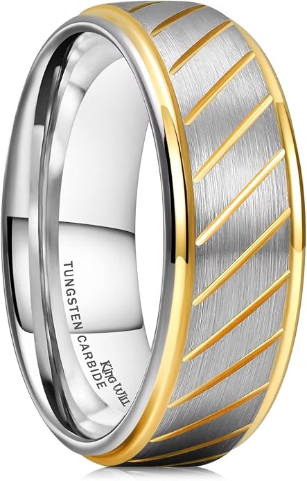 King Will Men's 8mm Tungsten Carbide Wedding Band, Hammered Faceted Diamond Cut Ring with Groove Inlay, Geometric Industrial Engagement Band for Men Women Comfort Fit Size 7-14