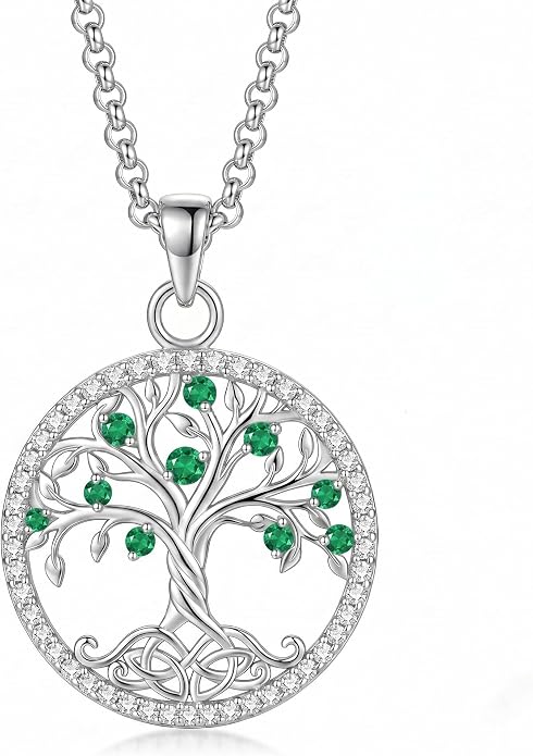 ONEFINITY Tree of Life Necklace 18k White Gold Plated Tree of Life Birthstone Pendant Necklace Birthstone Jewelry Anniversary Birthday Gifts for Women Men