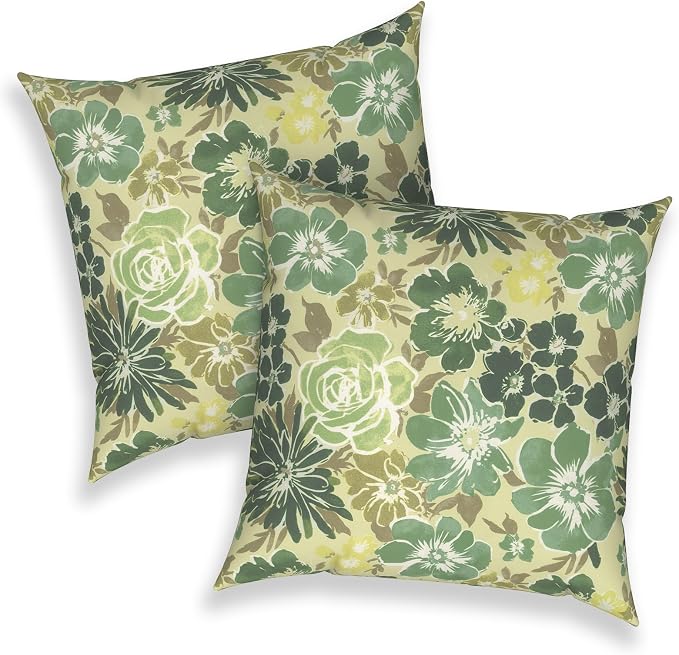 Outdoor 16x16 Inch Throw Pillow Covers Set of 2, Covers ONLY, All Weather Square Pillow Cases, Patio Cushion Pillow of Home Furniture Use, Green Rose