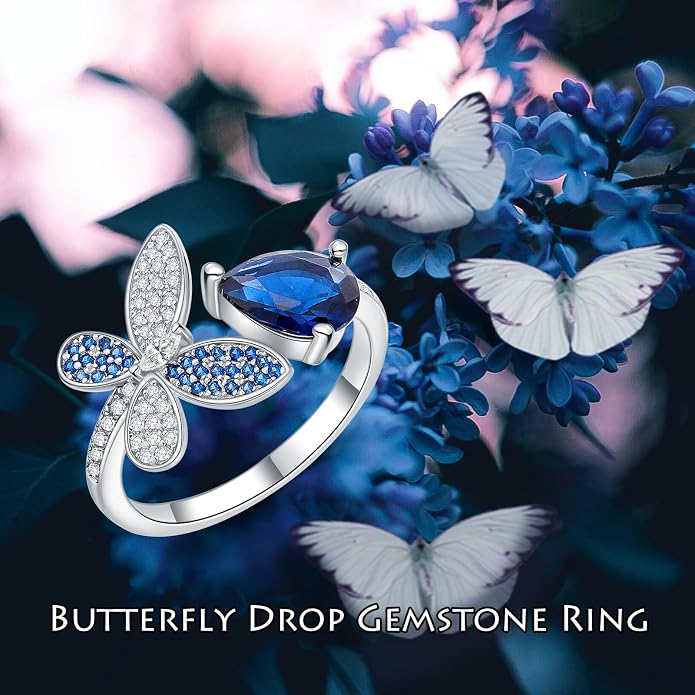 925 Sterling Silver Drangonfly/Butterfly Open Finger Rings Adjustable Dainty Gemstone Sapphire Emerald Green Ring for Women Round/Pear/Princess Engagement Promise Ring
