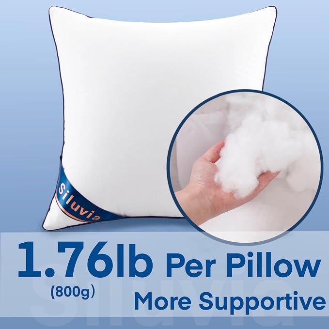 Siluvia Pillow Insert 20x20 Inch Set of 2 for Sofa, Couch, and Bed | 100% pure cotton cover, soft and breathable