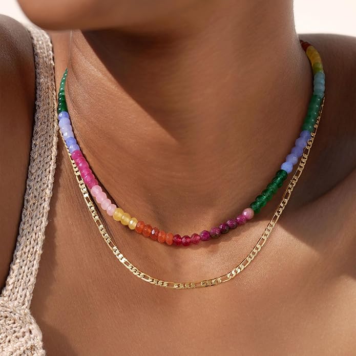 KELORIS PATH Beaded Necklace for Women, Colorful Gemstone Boho Bead Choker for Beach, Trendy Summer Natural Stone Jewelry Gifts