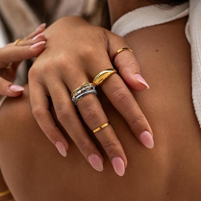 KissYan Stackable Rings for Women, 14k Gold Plate Interlocked Multi Ring Set Dainty Pave CZ Personalized Fashion Two-Toned Mixed Metals Stacking Jewelry Trendy Statement Gift