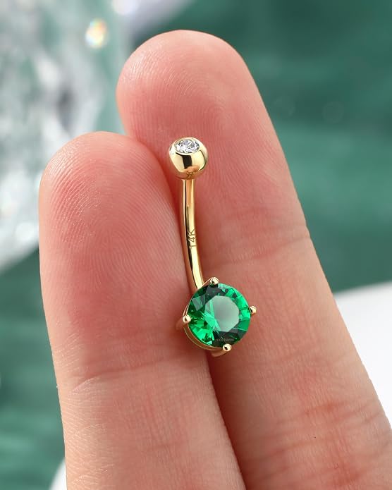 COCHARM 14K Gold Belly Button Rings for Women 14K Yellow Gold Belly Rings Round CZ Real Gold Belly Navel Piercing Jewelry