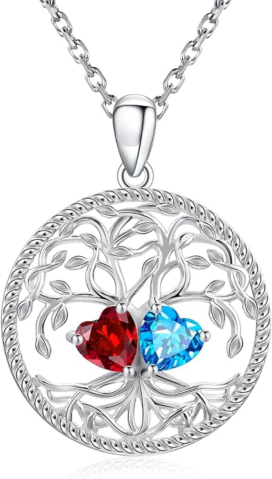 Mothers Day Gifts for Women，925 Sterling Silver Family Tree of Life Pendant Necklaces with 2 Heart Birthstone Jewelry Birthday Anniversary Christmas Gifts for Her Girlfriend Mom Wife Grandma Daughter