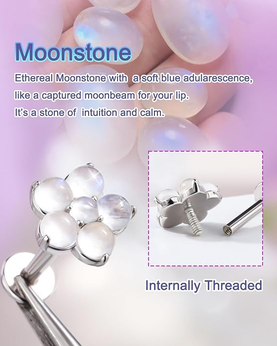 Chrysoprase Moonstone 925 Sterling Silver Hypoallergenic Flat Back Stud Earring Internally Threaded 16G 8mm Fine Piercing Jewelry for Helix Tragus Conch Cartilage Lip