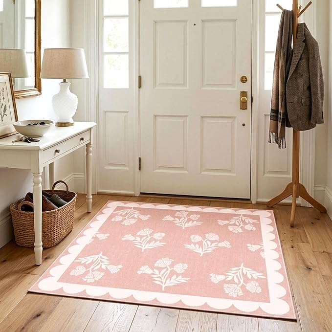 Pink Square Rug 3ft - Soft Washable Floral Boho Bathroom Rug Non Slip 3x3 Stain Resistant Cute Scalloped Square Small Accent Throw Rugs for Entryway Girls Bedroom Kitchen Dorm Bath Powder Room