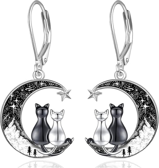 Black Cat/4th of July/Bat/Spider/Pumpkin/Wolf/Bunny/Sun and Moon/Turtle/Raven 925 Sterling Silver Leverback Dangle Earrings Moon Gothic Christmas Earrings Jewelry Gift for Women