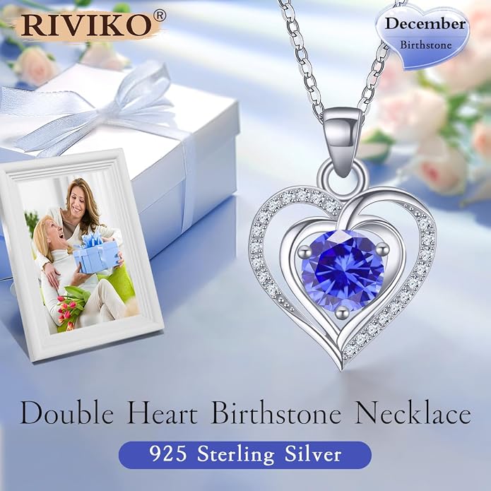 RIVIKO Heart Birthstone Pendant Necklace for Women 925 Sterling Silver Zirconia Necklaces Valentine's Day Anniversary Birthday Mothers Day Jewelry Gifts For Her Mother Wife