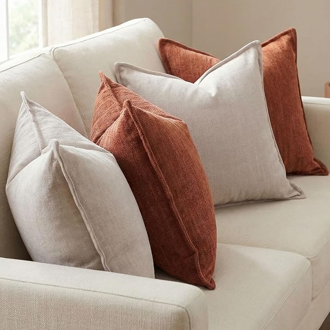 18x18 Inches Throw Pillow Covers Set of 4 Soft Textured Chenille Decorative Cushion Cases for Couch Sofa Bed Modern Farmhouse Neutral Accent Covers with Hidden Zipper Beige Orange