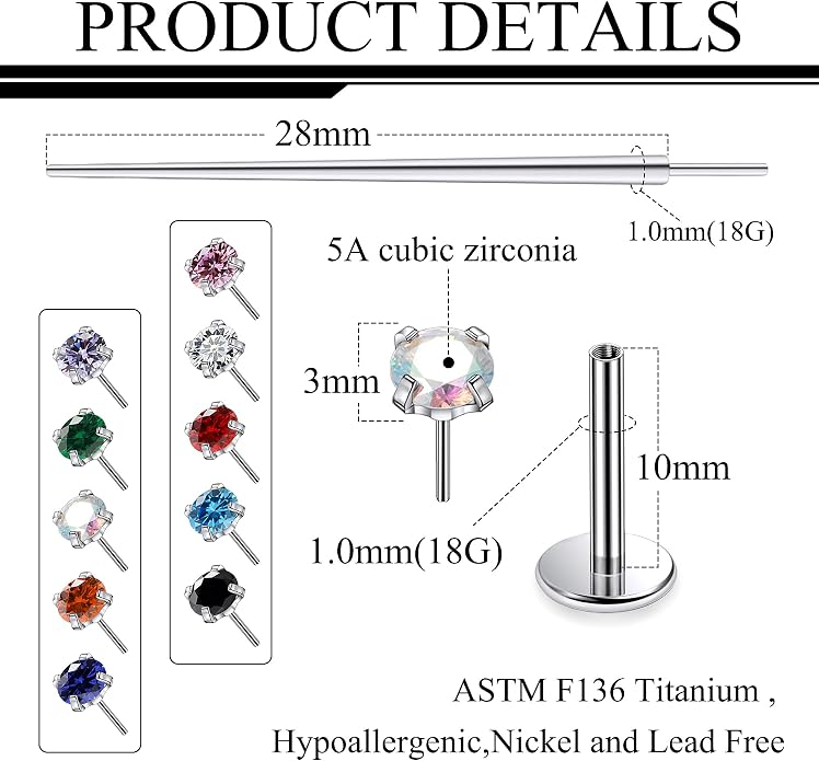 Ruifan Titanium Flat Back Lip Rings Threadless Push in Earrings Studs Nose Rings 20G 18G 16G Mix Colors CZ Tragus Cartilage Lobe Rook Helix Conch Labret Medusa Nostril Piercing Jewelry for Women Men