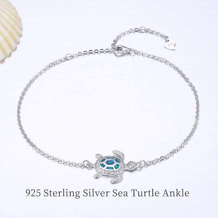 Blue Opal Sea Turtle Ankle Sterling Silver Anklet Fine Jewelry for Women Gifts 4 Level Adjustable Anklet (Large Bracelet)