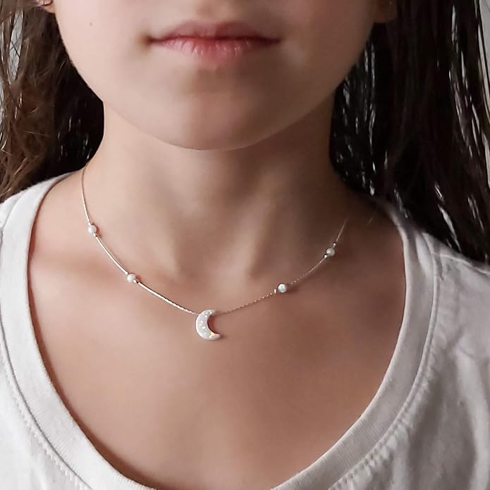 AVNIS White Opal Moon Necklace Crescent Moon Choker Jewelry, Dainty Box chain Length 16+2 Inches extender Gift for Girl Women