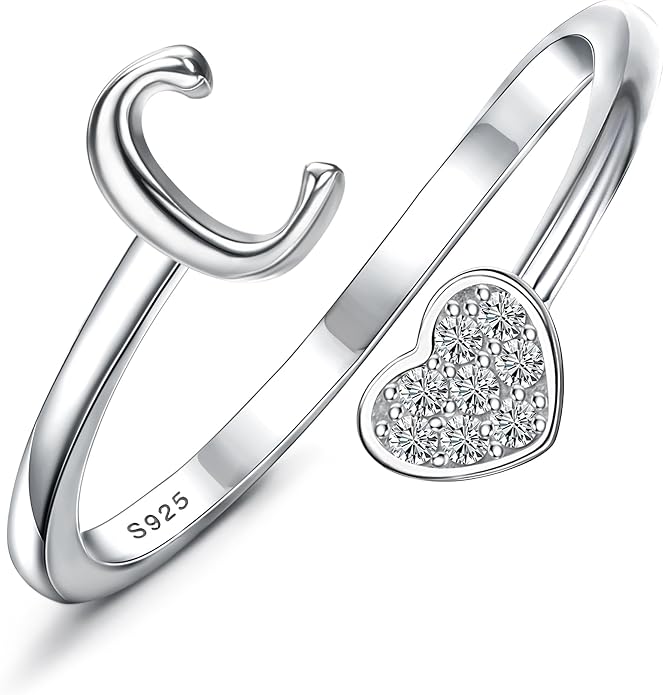 MILACOLATO 925 Sterling Silver Initial Rings for Women Teen Girl 18K Gold Plated Heart Initial Rings Adjustable Capital Letter Ring Stackable Thumb Pinky Rings for Daughter Birthday Bridesmaid Gifts Jewelry, A to Z
