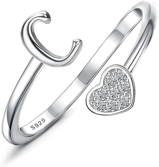 MILACOLATO 925 Sterling Silver Initial Rings for Women Teen Girl 18K Gold Plated Heart Initial Rings Adjustable Capital Letter Ring Stackable Thumb Pinky Rings for Daughter Birthday Bridesmaid Gifts Jewelry, A to Z
