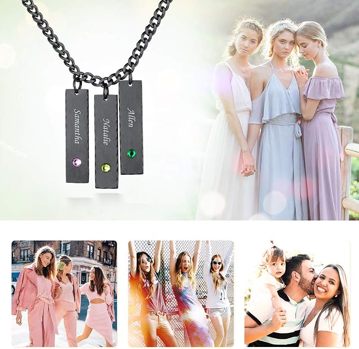 Custom4U Personalized Birthstone Bar Necklaces for Women, Custom Handmade Silver/Black/Gold Vertical Bar Pendants with 1-3 Names Engraved,Unique Memorial Necklace for Her